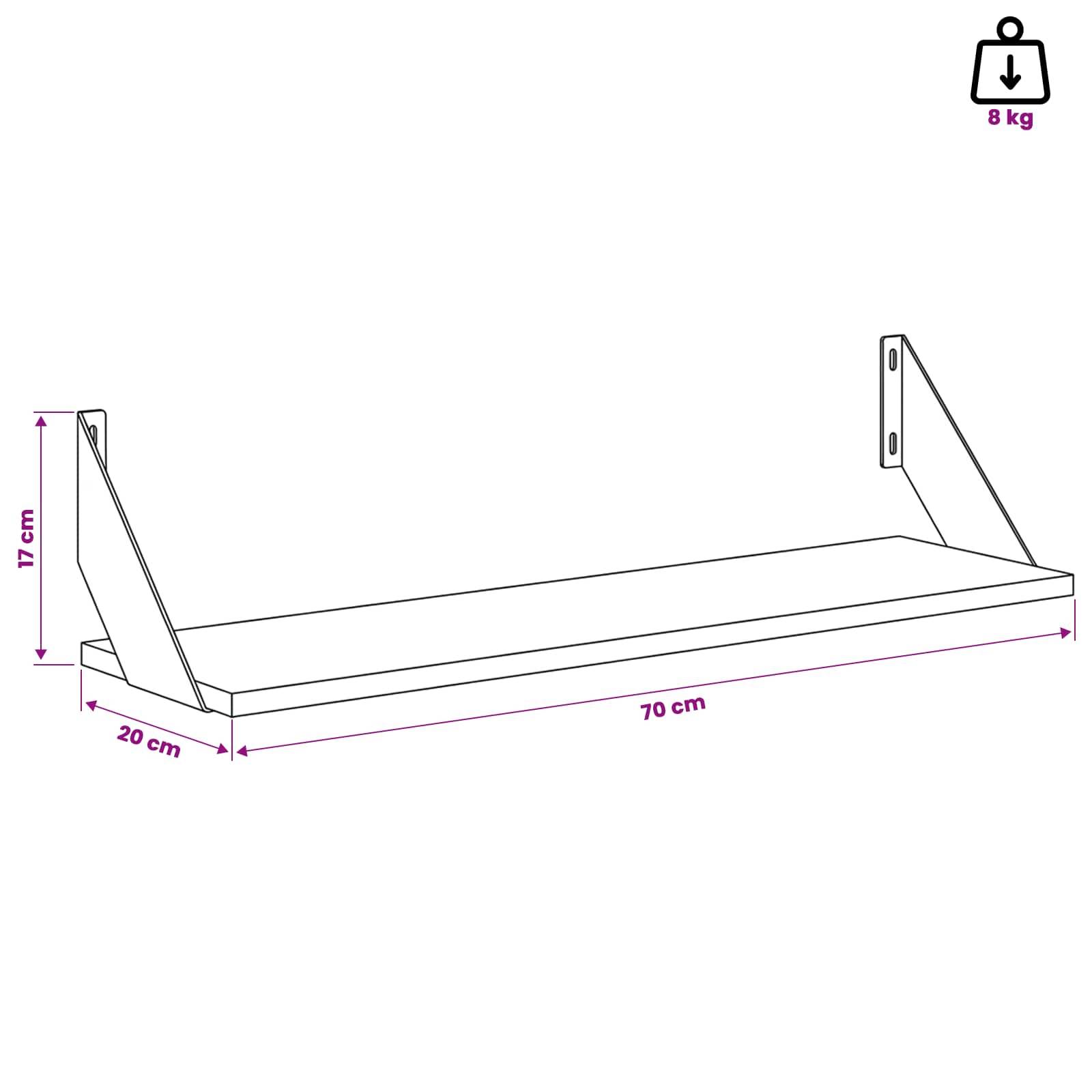 Wandmontage-Regalhalter-Diagramm zeigt ein 70 cm Regal, 20 cm Tiefe, 17 cm Stützhöhe und 8 kg Tragfähigkeit.