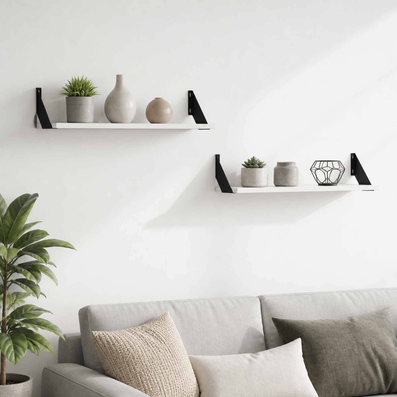 Minimalistisches Wohnzimmer mit einem grauen Sofa und Kissen unter zwei Wandregalen, die kleine Pflanzen und dekorative Vasen halten.
