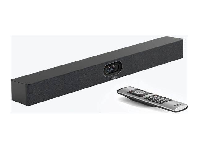 Schwarze Soundbar mit integrierter Frontkamera und Fernbedienung auf weißem Hintergrund
