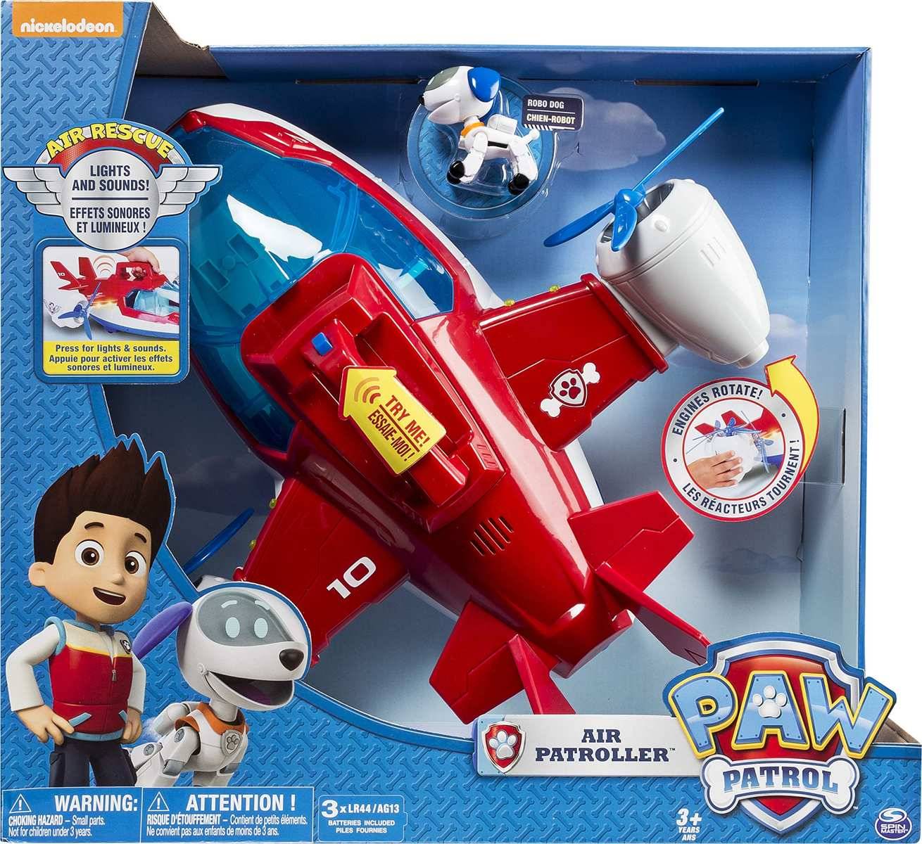 PAW Patrol Air Patroller Spielzeugset in der Schachtel, mit einem rot-weißen Rettungsflugzeug mit Figuren, Lichtern und Soundeffekten sowie rotierendem Motorfeature.
