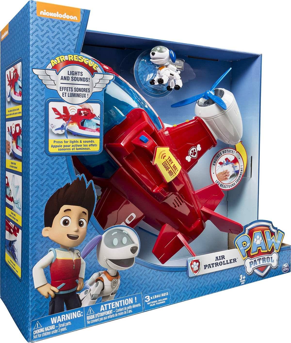 PAW Patrol Air Patroller Spielzeugset in der Box mit rot-grauem Hubschrauber-Flugzeug und kleinen Charakterfiguren.