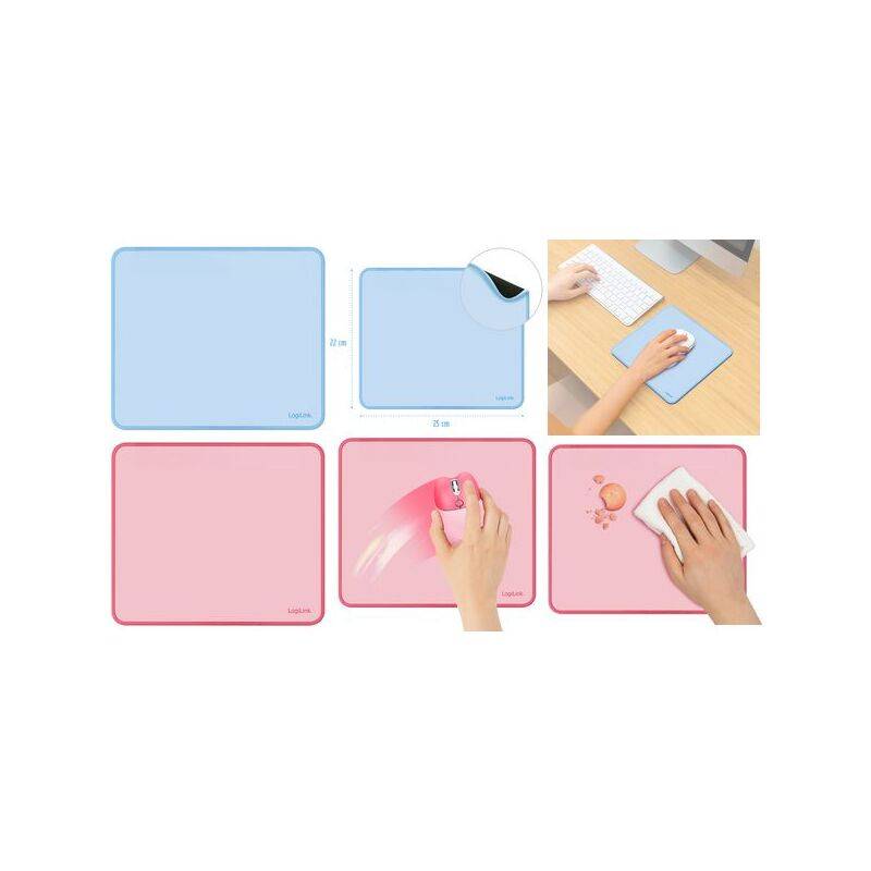 Collage mit blauen und rosa Schreibtisch-Mousepad in quadratischen und rechteckigen Formen, plus Nahaufnahmen von Händen, die sie auf einem Schreibtisch reinigen oder verwenden.