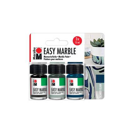Marabu Easy Marble Farbset mit drei 15-ml-Flaschen, gezeigt in der Verpackung mit marmoriertem Muster auf der rechten Seite.