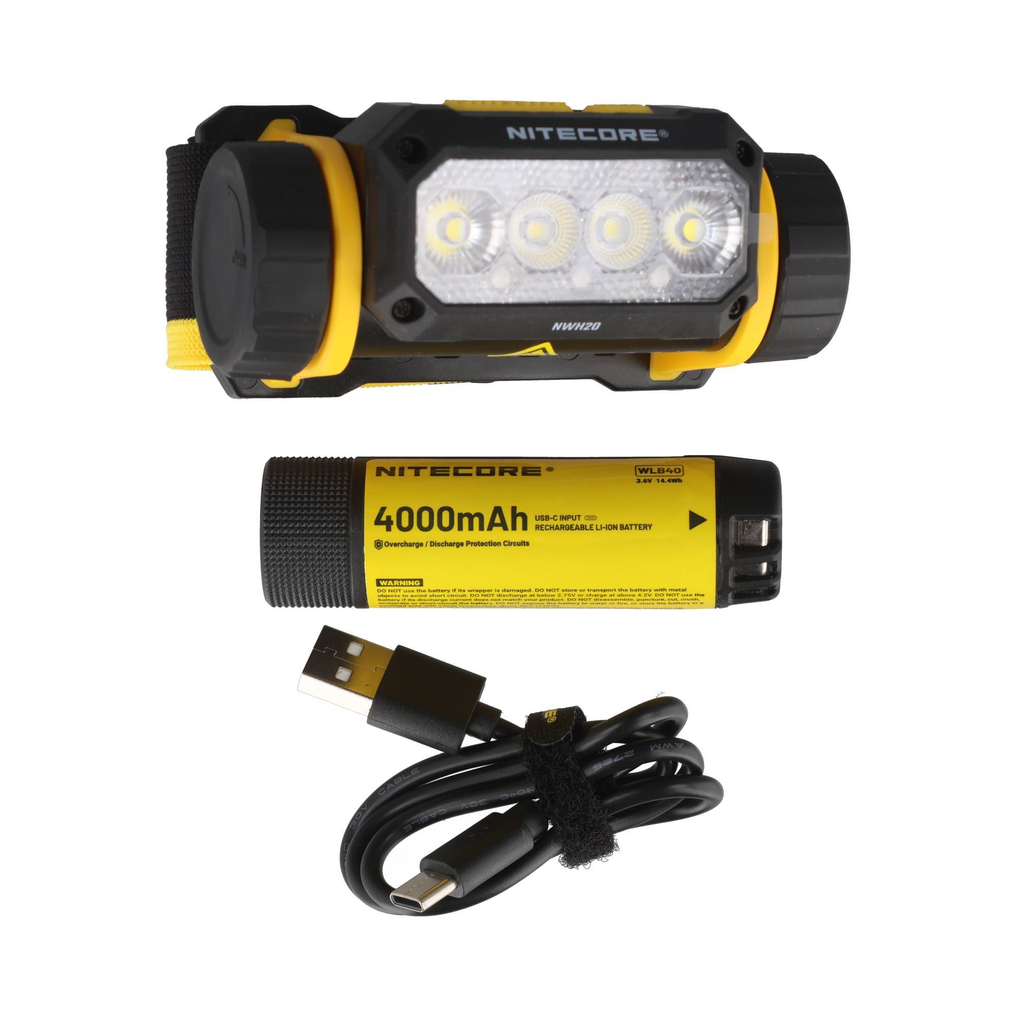 Nitecore wiederaufladbares Stirnlicht mit 4000-mAh-Akku und USB-Ladekabel auf weißem Hintergrund dargestellt.