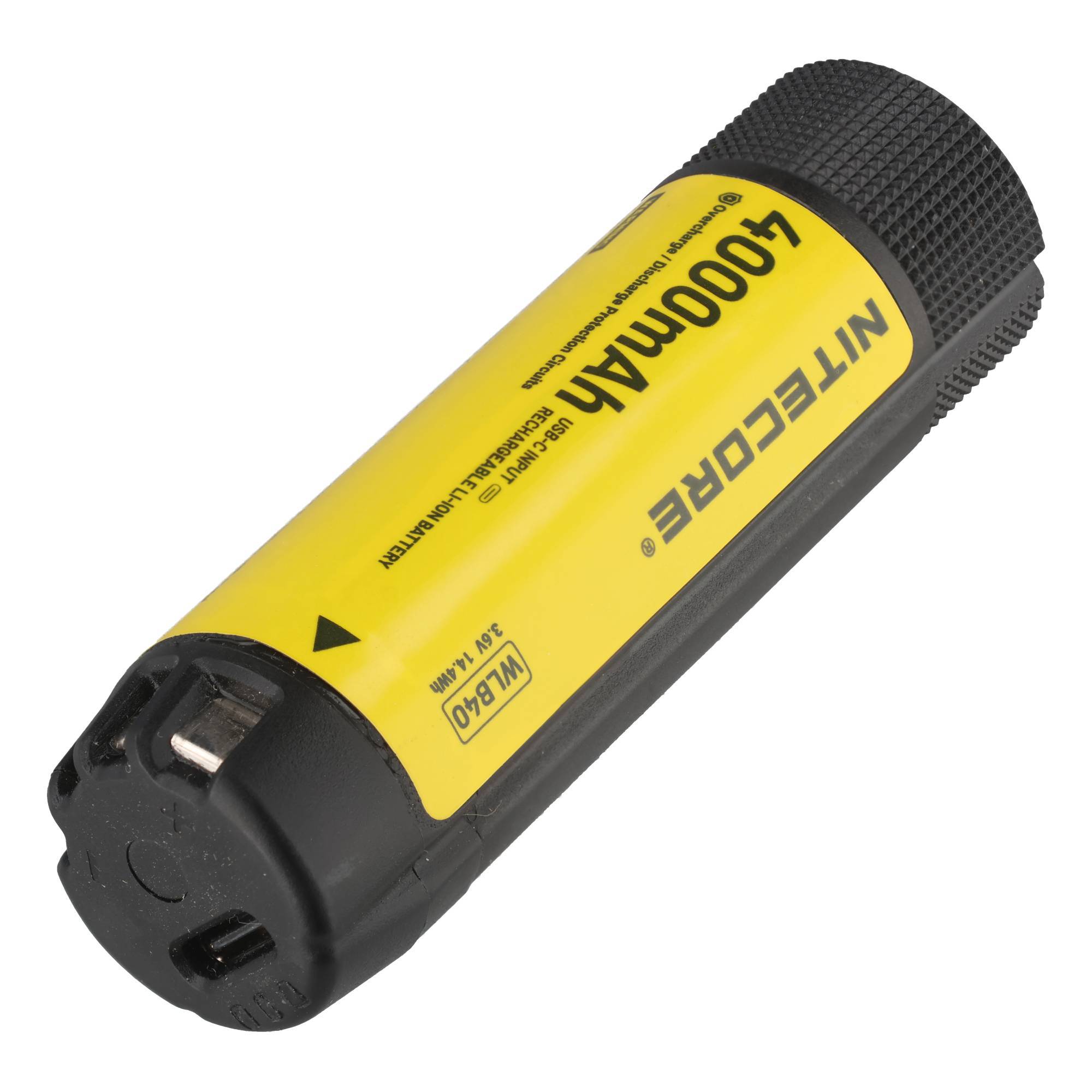 Gelb-schwarzes Nitecore 4000mAh wiederaufladbares Akku-Set, auf weißem Hintergrund dargestellt.