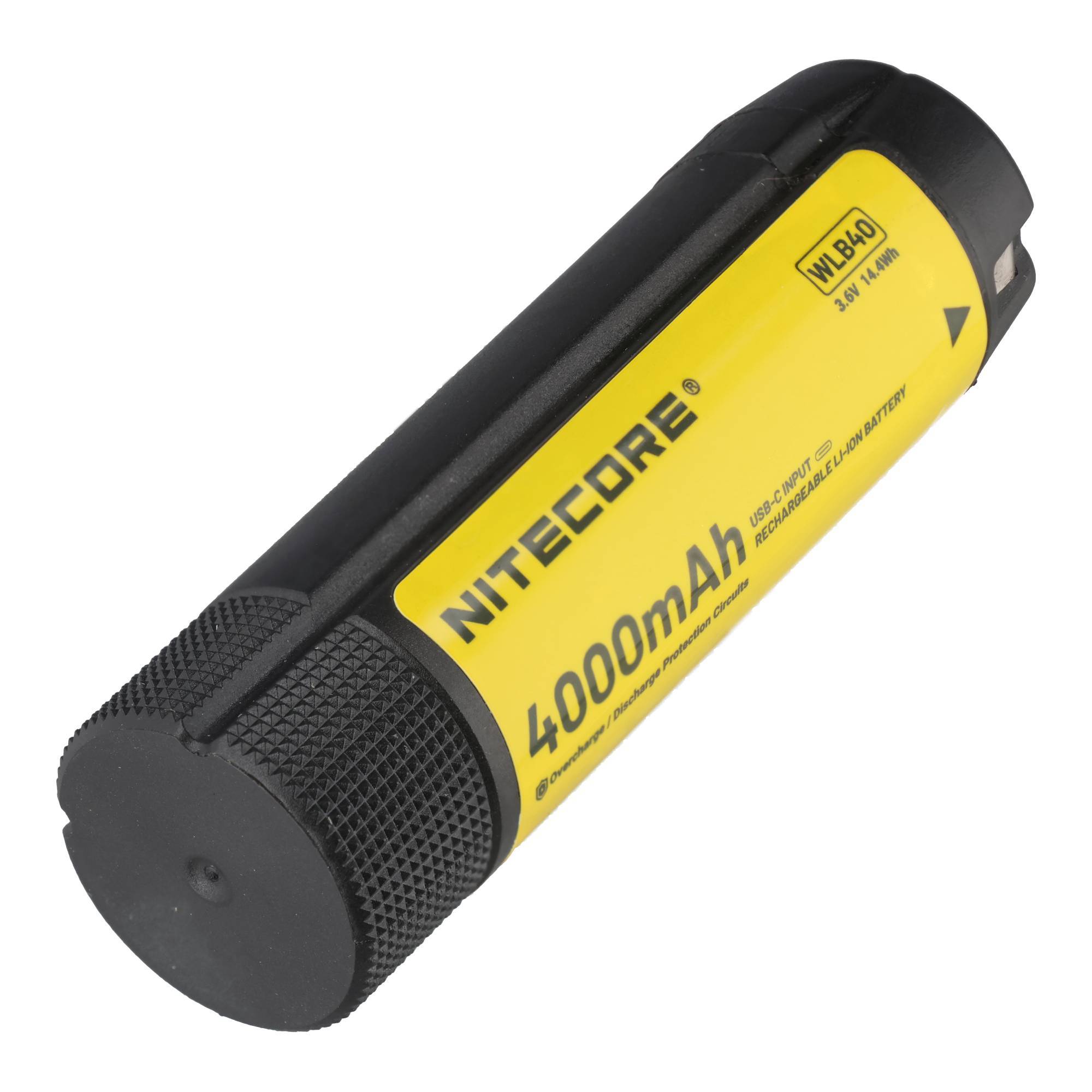 Gelbes wiederaufladbares Batterieset von Nitecore mit der Aufschrift „4000mAh" und „NLB40"" auf einem schwarzen zylindrischen Gehäuse