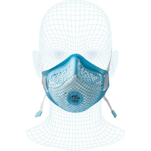 Blauschützende Gesichtsmaske, die auf einem Drahtgittermodell eines Kopfes gezeigt wird, mit verstellbaren Riemen und Belüftungsöffnungen.
