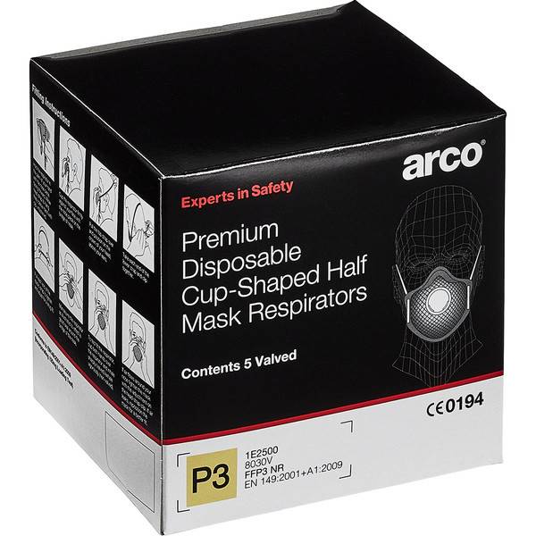 Schachtel Arco Premium Einweg-Halbmasken-Atemschutzgeräte in Schalenform, gekennzeichnet mit P3 und "Inhalt 5 mit Ventil"".