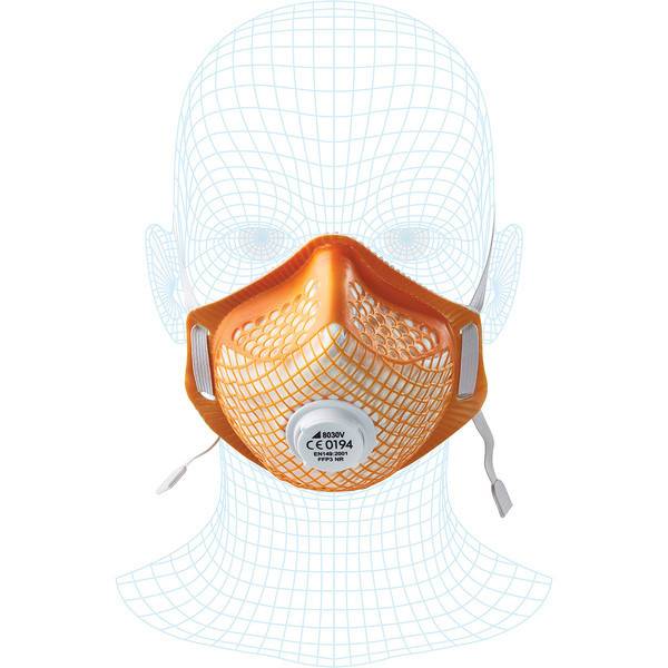 Orange Schutzgesichtsmaske, gezeigt auf einem Kopfmodell, mit Netzvorderseite, grauen Riemen und einem zentralen Ventil/Filter mit CE-Kennzeichnung 0194.