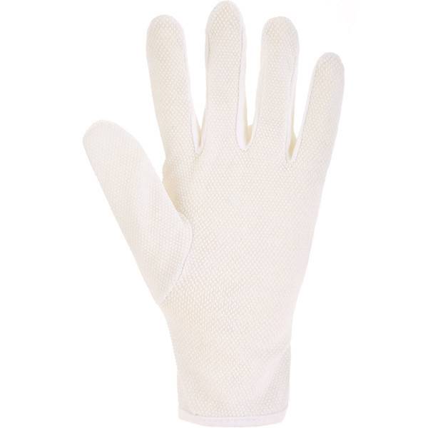 Weißer strukturierter Handschuh mit fünf Fingern, isoliert auf einfachem Hintergrund dargestellt.