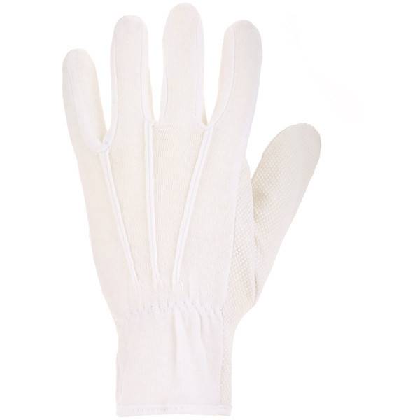 Weißer Schutzhandschuh auf einfachem Hintergrund gezeigt, mit strukturiertem Griff auf der Handfläche und den Fingern.