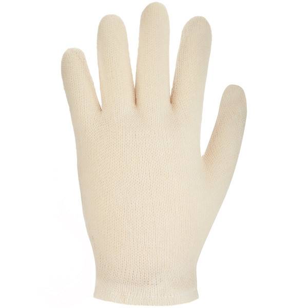 Ein einzelner cremefarben gestrickter Handschuh auf einfachem weißem Hintergrund gezeigt.