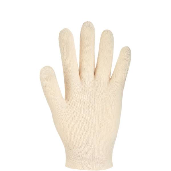 Beige Strickhandschuh auf einfachem weißem Hintergrund dargestellt.