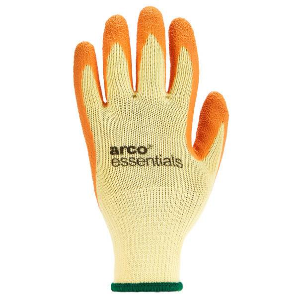Gelber Arbeitshandschuh mit orange gummibeschichteten Fingerspitzen und "arco essentials""-Logo auf der Handfläche.