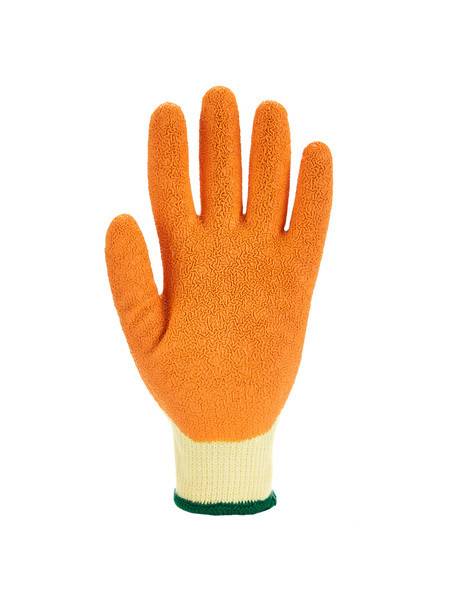 Orangener Arbeitshandschuh mit cremefarbener Manschette und grüner Borte, isoliert auf weißem Hintergrund gezeigt.