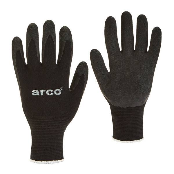 Paar schwarze Arbeitshandschuhe, gezeigt in Handflächen- und Rückansicht, mit „arco