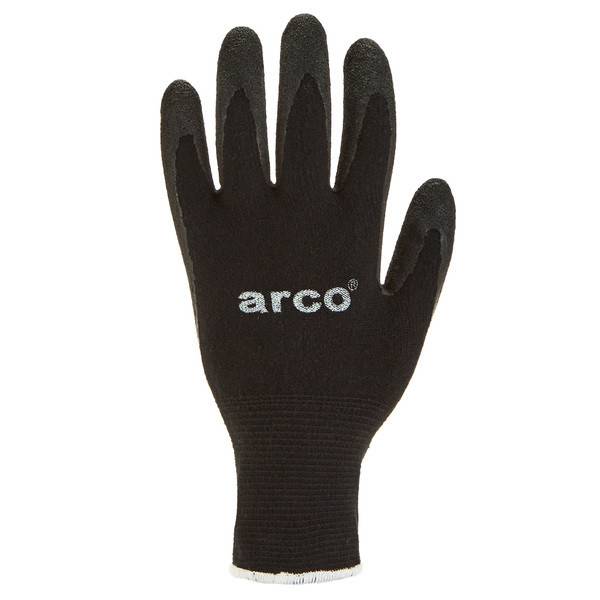 Schwarzer Arbeitshandschuh mit "arco""-Logo auf der Rückseite, auf weißem Hintergrund dargestellt.
