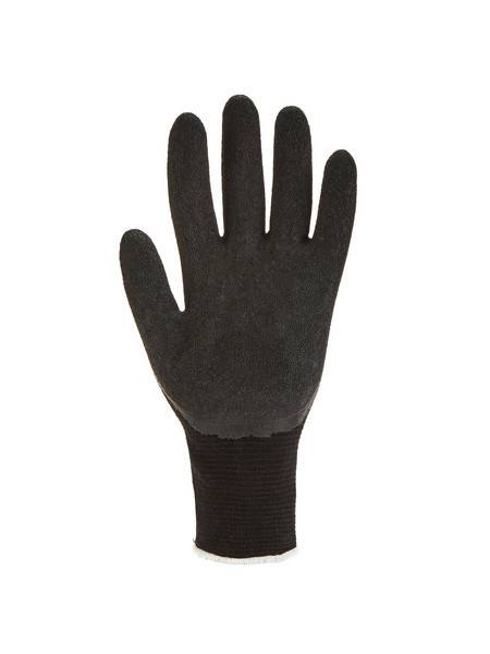 Schwarzer Arbeitshandschuh mit strukturierter Handfläche und gestricktem Bündchen, in der Mitte auf weißem Hintergrund dargestellt.