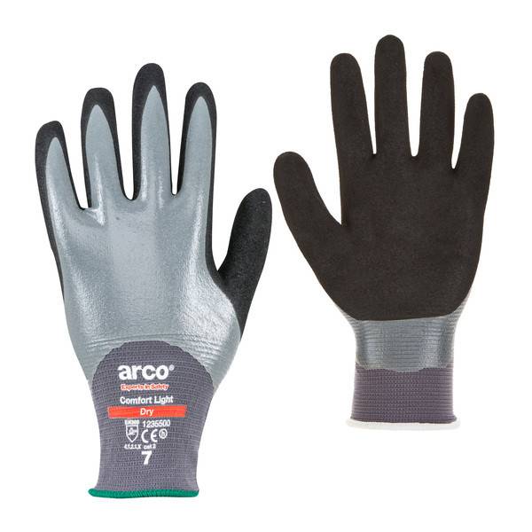 Paar Arbeitshandschuhe, eines zeigt die graue Handfläche mit schwarzen Fingerspitzen und dem Label „arco