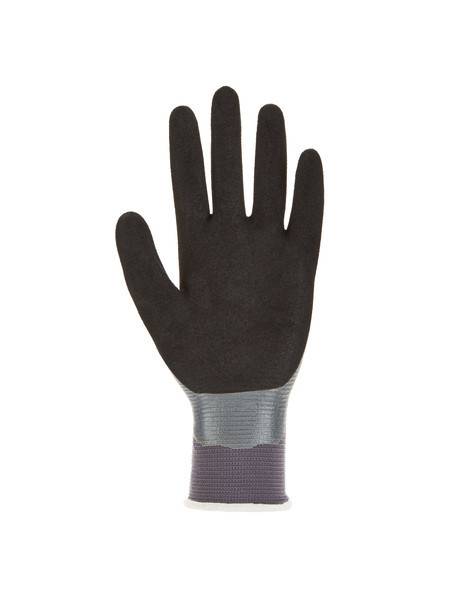 Schwarzer Arbeitshandschuh mit grauem und violettem Bündchen, isoliert auf weißem Hintergrund dargestellt.