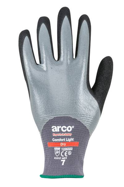Graue und schwarze Arco-Arbeitshandschuhe "Comfort Light Dry"", gezeigt von der Handflächenseite mit fünf spreizten Fingern.