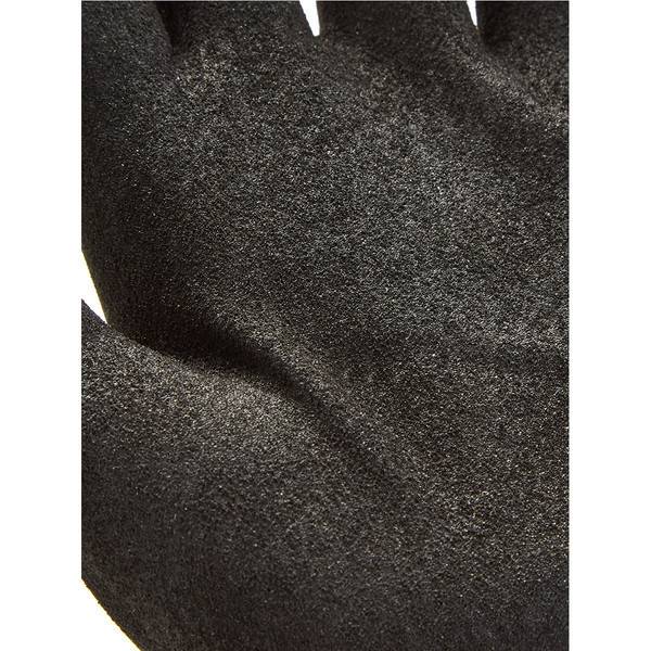 Nahaufnahme eines schwarzen strukturierten Handschuhs oder Stoffes mit sichtbaren Falten und Nähten.