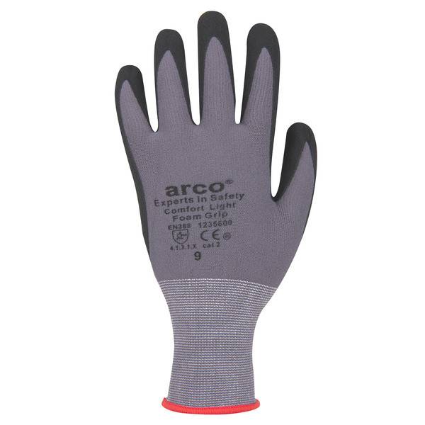 Grau-schwarzer Arbeitshandschuh mit rotem Bündchen, beschriftet mit „arco Experts in Safety Comfort Light Foam Grip", auf weißem Hintergrund dargestellt.