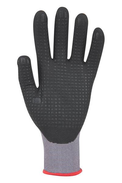 Schwarze Arbeitshandschuhe mit strukturierter Grifffläche an Handfläche und Fingern, grauer Strickmanschette am Handgelenk mit roter Abkantung, auf weißem Hintergrund gezeigt.