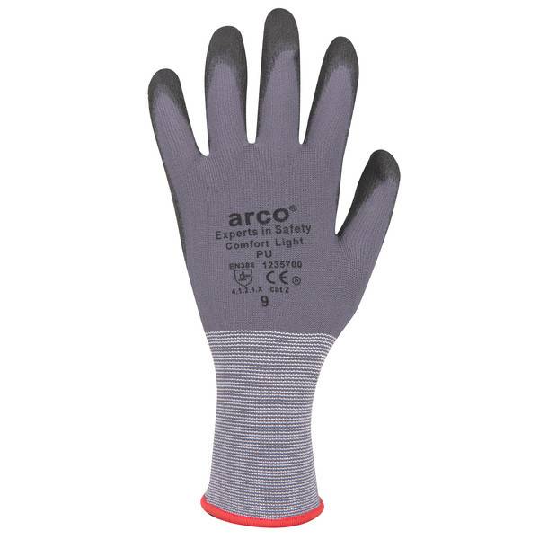 Grauer Arbeitshandschuh mit schwarzen Fingerkuppen und aufgedrucktem "arco"" Sicherheitsbranding, vor weißem Hintergrund dargestellt.