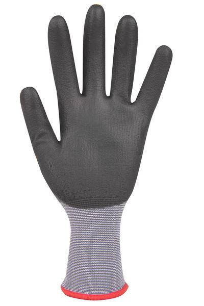 Schwarzer Arbeitshandschuh mit strukturierter Handfläche und graugestreiftem Bündchen mit rotem Besatz, vor weißem Hintergrund abgebildet.