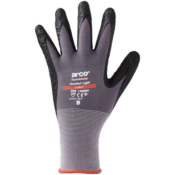Schwarz-violette Arbeitshandschuhe mit „arco"-Logo und „Comfort Light Latex"" auf der Manschette der Handflächen-Seite bedruckt.