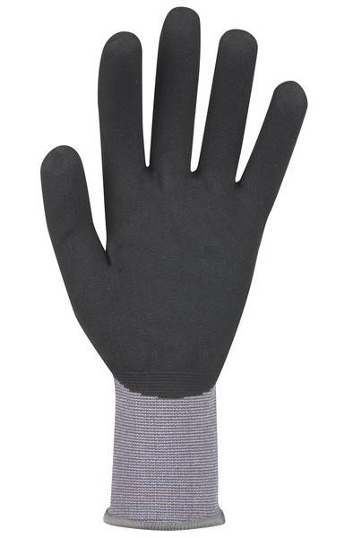 Schwarzer Schutzhandschuh mit strukturierter Handfläche und grauem Strickbündchen, aufrecht auf weißem Hintergrund dargestellt.