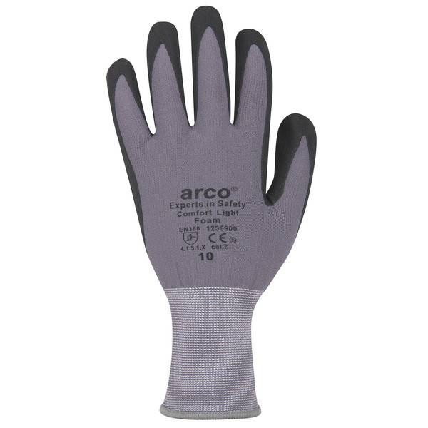 Grau-schwarzer Arbeitshandschuh mit der Aufschrift „arco Experts in Safety Comfort Light Foam", Größe 10 und EN388-Sicherheitsmarkierung auf der Handfläche.