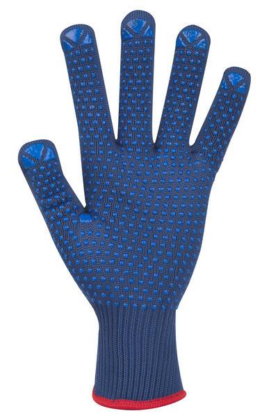 Blauer Strickarbeitshandschuh mit schwarzen Griffpunkten und roter Manschette auf weißem Hintergrund.
