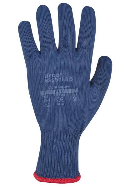 Blauer Strickarbeitshandschuh mit roter Manschette und "arco essentials""-Branding auf der Handfläche, dargestellt auf weißem Hintergrund.