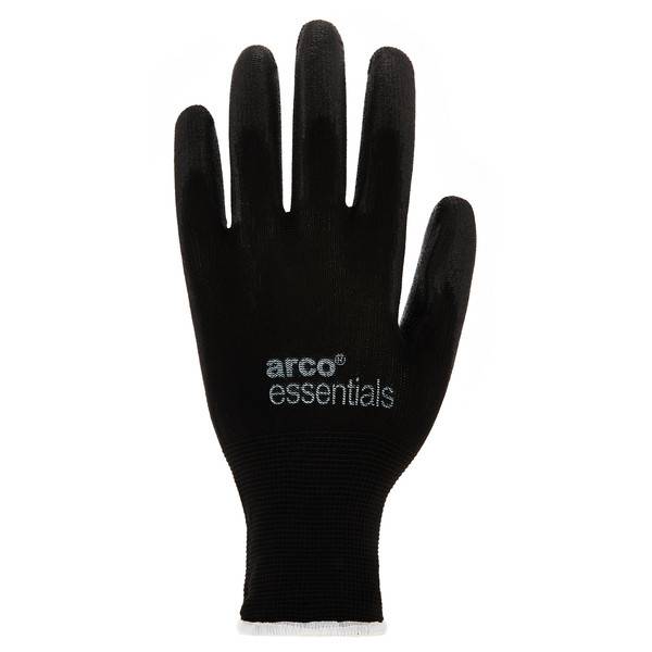 Schwarzer Handschuh mit dem Logo „arco essentials" auf der Rückseite, gezeigt vor weißem Hintergrund.