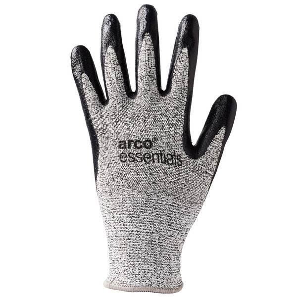 Grauer Arbeitshandschuh mit schwarz beschichteten Fingerspitzen und Handfläche, mit der Bezeichnung „arco essentials", auf weißem Hintergrund dargestellt.