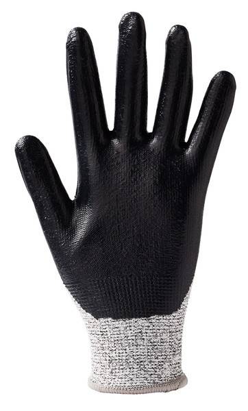 Schwarzer Schutzarbeitshandschuh mit grauem Strickbündchen, gezeigt auf weißem Hintergrund.