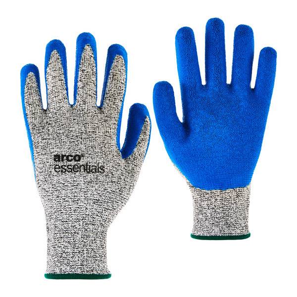 Paar Arbeitshandschuhe von vorne und hinten gezeigt: graue Strickhandschuhe mit hellblauen gummibeschichteten Handflächen und Fingern, Marke 