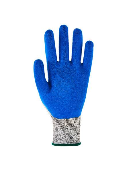 Blauer Schutzarbeitshandschuh mit grauem Strickbündchen an der Innenseite auf weißem Hintergrund.