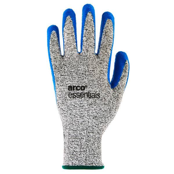 Grauer Arbeitshandschuh mit blau beschichteten Fingerspitzen und "arco essentials""-Logo auf der Handfläche, isoliert auf weißem Hintergrund dargestellt.