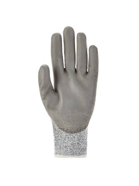 Graue Arbeitshandschuh mit strukturierter Handfläche und gestricktem Bündchen, isoliert auf weißem Hintergrund dargestellt.