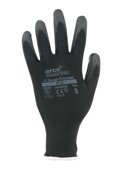 Schwarzer Arbeitshandschuh mit Handfläche gezeigt, Marke 'arco essentials', mit grau beschichteten Fingerspitzen und Text '13 Gauge Polyester PU' auf der Handfläche.
