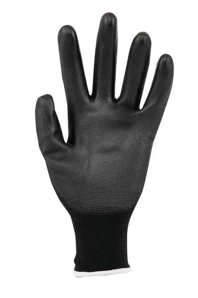 Schwarzer Arbeitshandschuh mit strukturierter Handfläche und Strickbündchen, auf weißem Hintergrund dargestellt.