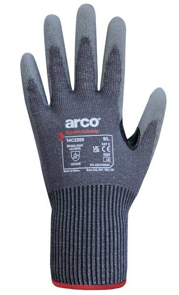 Graue Arbeitshandschuh mit schwarzen Fingerkuppen und gedrucktem "arco""-Branding auf der Handfläche, gezeigt vor weißem Hintergrund.