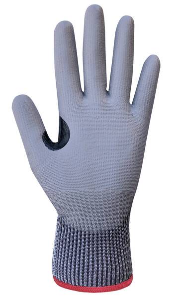 Grauer Arbeitshandschuh mit verstärkter dunkler Handfläche und rote Manschette, auf weißem Hintergrund abgebildet.