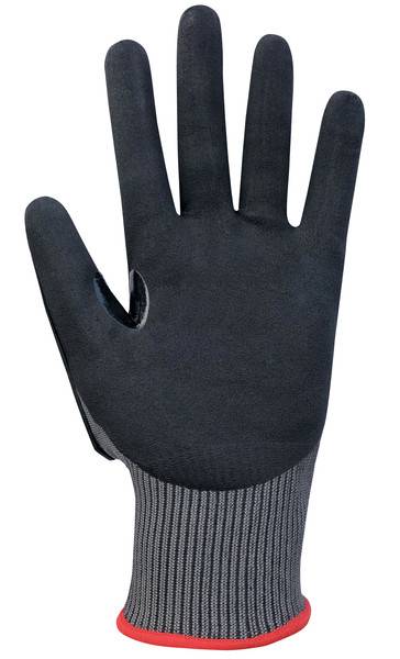Schwarzer Arbeitshandschuh mit grauem geripptem Strickbündchen und roter Verzierung, Handflächenseite nach oben auf weißem Hintergrund gezeigt.