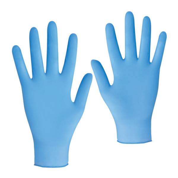 Paar blaue Einweghandschuhe auf weißem Hintergrund, nebeneinander mit der Handfläche nach oben angezeigt.