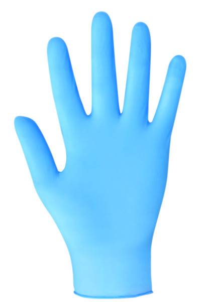 Blauer Einweghandschuh mit gespreizten Fingern auf weißem Hintergrund dargestellt.