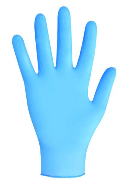 Blauer Einweghandschuh in Vorderansicht auf weißem Hintergrund.